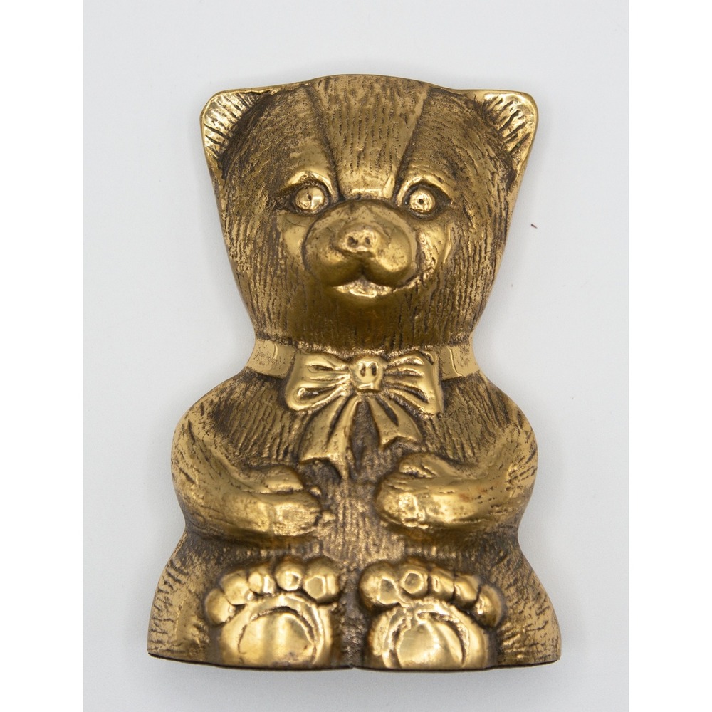 Vintage T.H.C. Lacquered Solid Brass Teddy Bear Figurine Korea Paperweight Decor